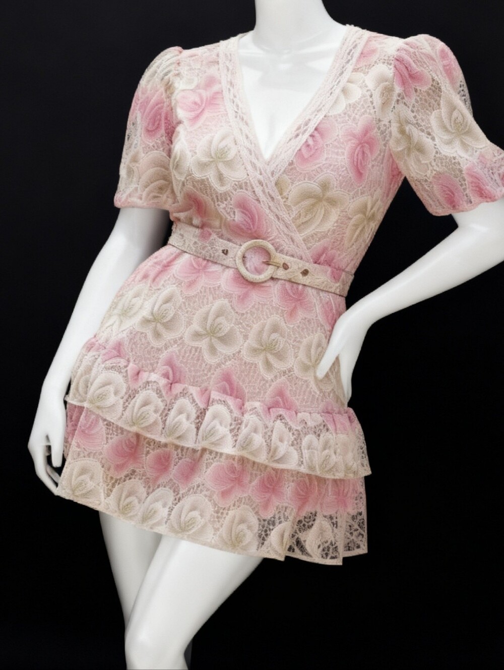 NWT Just Me Floral Lace Wrap Mini Dress in Pink and Cream